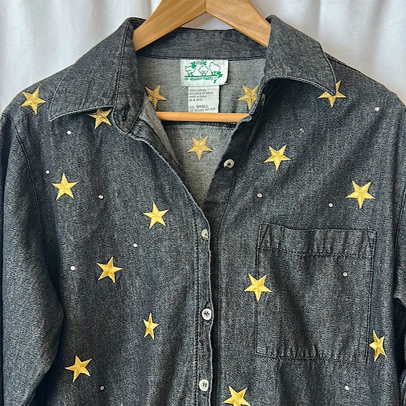 The Quaker Factory Black Stars and Rhinestones Button Down Shirt Top **Size S** - Picture 3 of 4